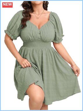 Plus Size Summer Sun Dress Puff Sleeve Smocked Mini Casual